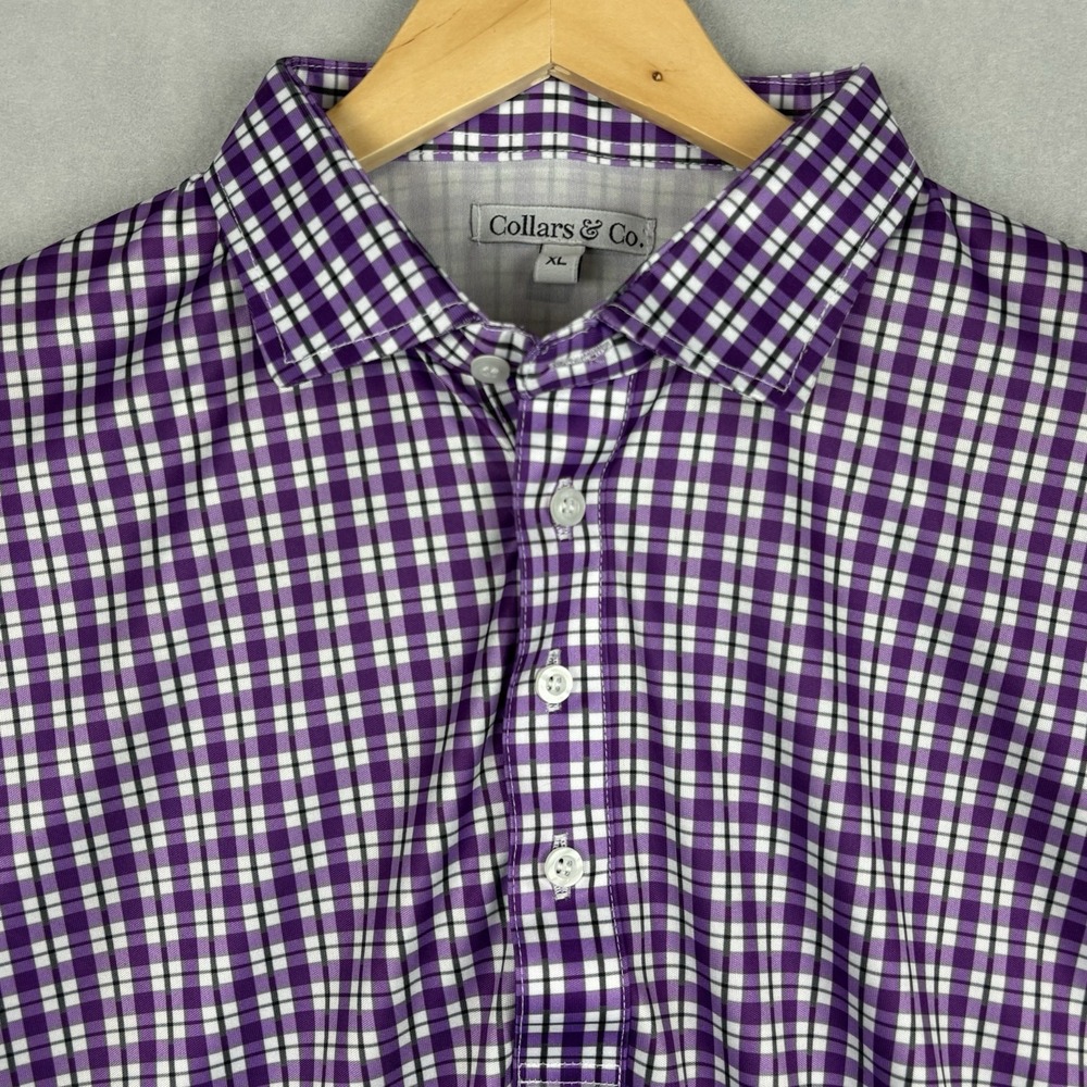 Collars & Co Dress Collar Polo Mens XL Purple White Plaid Stretch Preppy Casual